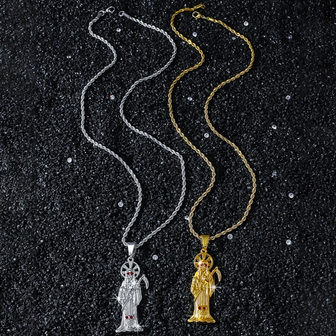 Hip Hop Santa Muerte Grim Reaper Pendant Necklace Rhinestone Inlaid Gothic Scythe Skeleton Jewelry For Men Party