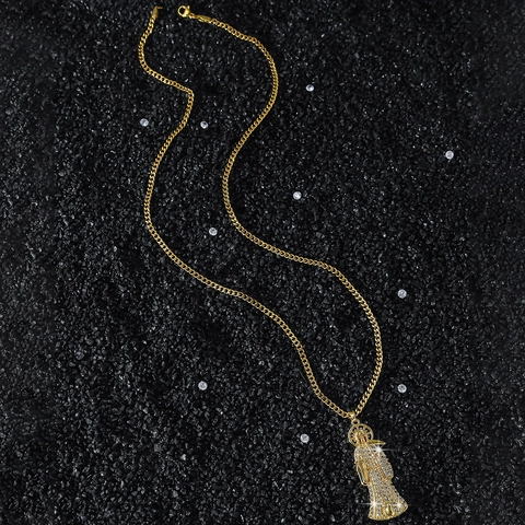 Collana Con Ciondolo Santa Muerte Grim Reaper Hip Hop Catena Barbazzale in Acciaio Inossidabile Placcato Oro Zirconia Gioielli Religiosi da Uomo