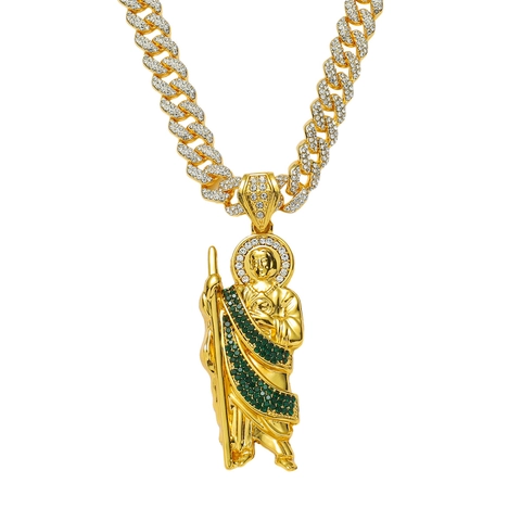 Hiphop Sint Judas Standbeeld Hanger Ketting Zinklegering Strass Cubaanse Schakelketting Goud Zilver Verguld Religieuze Sieraden Heren