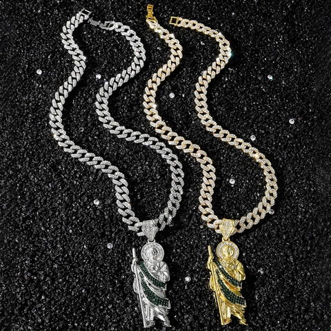 Hiphop Sint Judas Standbeeld Hanger Ketting Zinklegering Strass Cubaanse Schakelketting Goud Zilver Verguld Religieuze Sieraden Heren