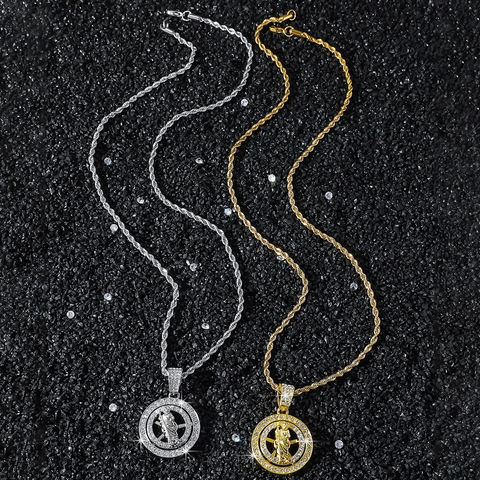 Hip-Hop St.-Juda-Halskette Mit Religiösem Anhänger Rotierende Scheibe Voller Strass Legierung Edelstahl Kordelkette Schmuck
