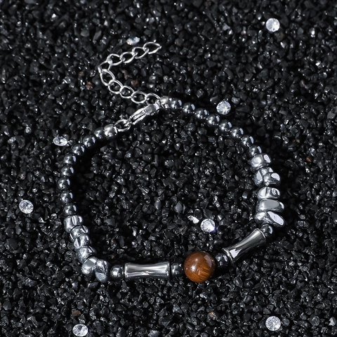 Pulsera De Piedra Ojo De Tigre Acero Inoxidable Cuentas De Hematita Irregulares Tubo De Bambú Cadena Ajustable Joyería Unisex