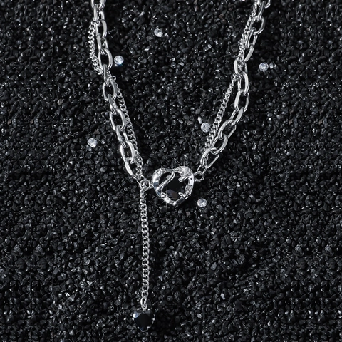 Stainless Steel Double Layer Heart Pendant Necklace Hip Hop Black Rhinestone Inlaid Polished Jewelry For Unisex Gift