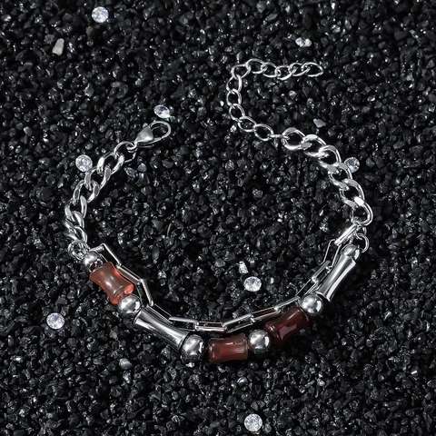 Minimalist Stainless Steel Glass Bamboo Joint Double Layer Bracelet Unisex Reddish Brown Patchwork Link Chain Jewelry Gift