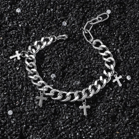 Bracciale a Catena Cubana Con Ciondolo a Croce in Lega Hiphop Per Uomo Donna Stile Punk Tonalità Argento Regolabile Gioielli