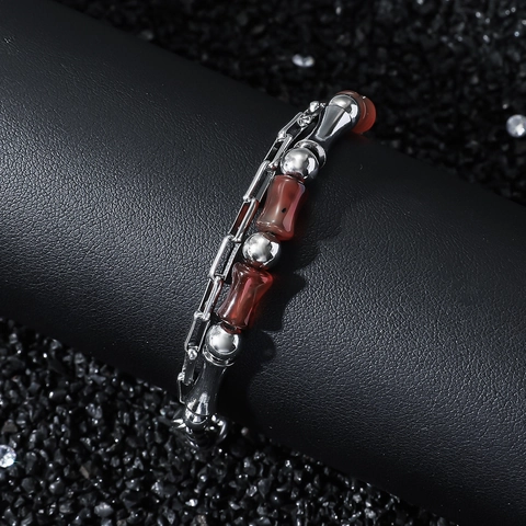 Minimalist Stainless Steel Glass Bamboo Joint Double Layer Bracelet Unisex Reddish Brown Patchwork Link Chain Jewelry Gift