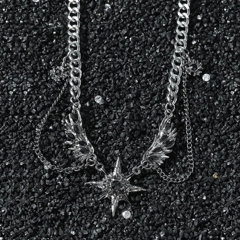 Collana Gotica Hip Hop con Ciondolo a Stella e Ali per Uomo Donna in Acciaio Inossidabile Lega di Zinco Strass Gioielli Punk