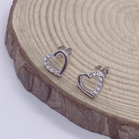 925 Sterling Silver Heart Stud Earrings For Women Rhinestone Inlaid Hollow Symmetrical Heart Shape Minimalist Sweet Fashion Jewelry Gift
