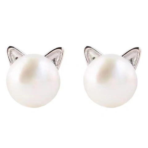 Orecchini a Lobo Gatto in Argento Sterling 925 Con Perla d'Acqua Dolce Design Gattino Placcato Platino Donna Gioielli