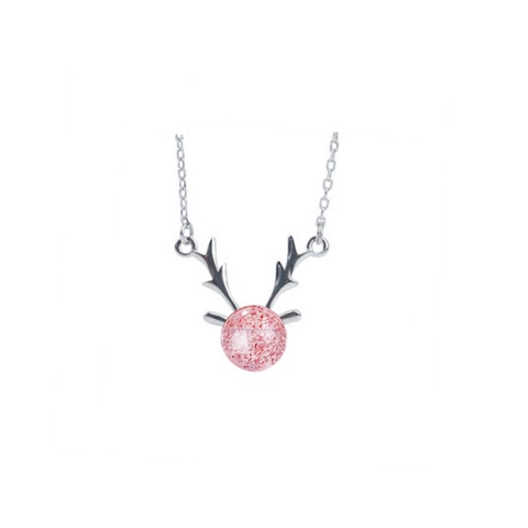 Collana con Ciondolo a Forma di Corna in Argento Sterling S925 Gioielli in Quarzo Fragola per Donna Catena Placcata Platino