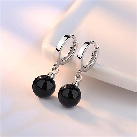 Orecchini a Cerchio Pendenti in Argento Sterling S925 Agata Nera per Donna Gioielli Minimalisti a Goccia con Sfera Rotonda