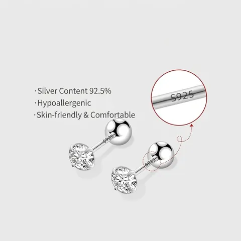 925 Sterling Silver Screw Back Zirconia Stud Earrings For Women Four Prong Round Clear Piercing Earrings Hypoallergenic Jewelry