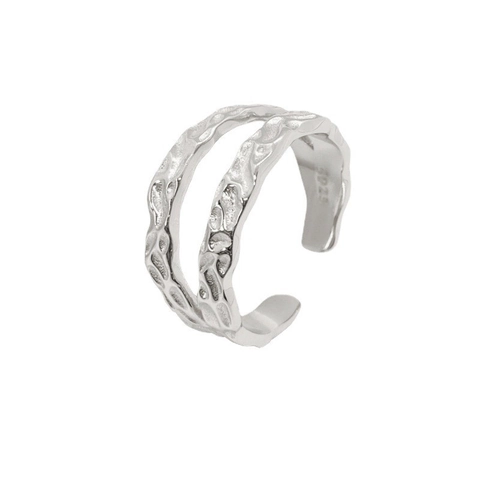 925 Sterlingsilber Welle Gehämmerte Textur Offener Ring Doppellagig Verstellbarer Minimalistischer Modeschmuck Für Paare Pendeln