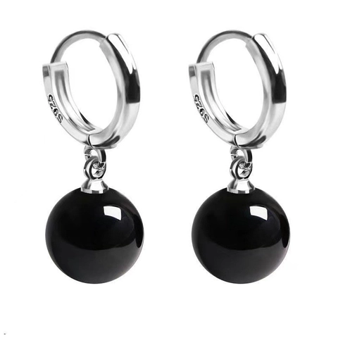 Orecchini a Cerchio Pendenti in Argento Sterling S925 Agata Nera per Donna Gioielli Minimalisti a Goccia con Sfera Rotonda