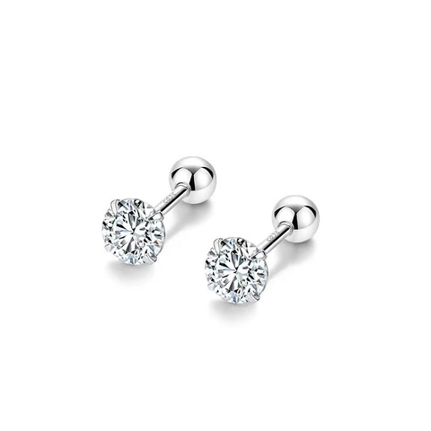 925 Sterling Silver Screw Back Zirconia Stud Earrings For Women Four Prong Round Clear Piercing Earrings Hypoallergenic Jewelry