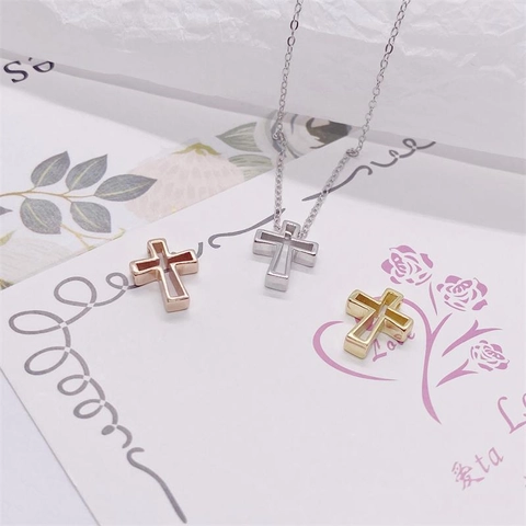 Minimalist 925 Sterling Silver Hollow Cross Pendant Necklace For Women Electroplated Gold Rose Gold Religious Jewelry