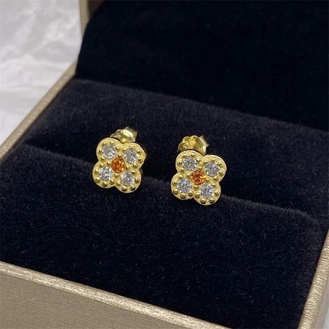 925 Sterling Zilver Stift Goud Verguld Klavertje Vier Oorknopjes Vintage Luxe Bloem Strass Sieraden Voor Dames