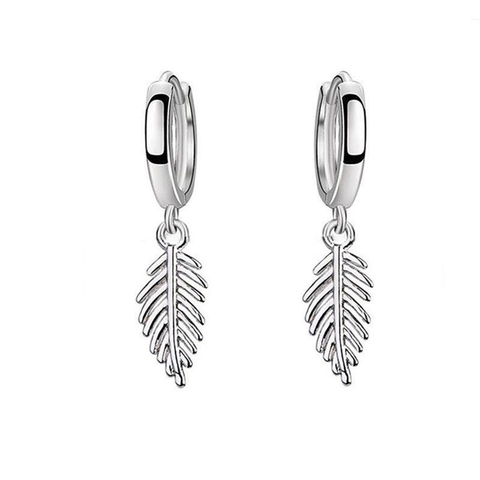 S925 Sterling Silver Leaf Dangle Hoop Earrings Fashion Elegant Feather Pendant Earrings For Women Jewelry Gift Platinum Color