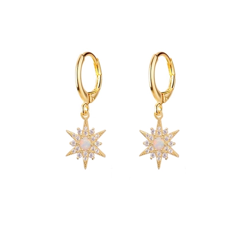 Orecchini a Cerchio in Argento Sterling 925 Placcato Oro a Forma di Stella Ottagonale Con Opale Artificiale e Strass