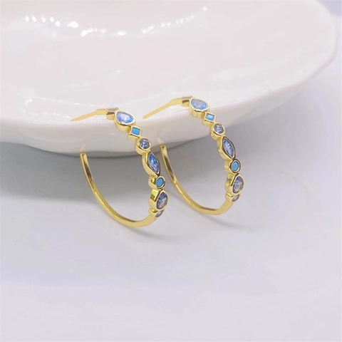 Orecchini a Cerchio Geometrici in Argento Sterling S925 Placcato Oro per Donna Con Zirconia Colorata Intarsiata Eleganti Gioielli in Stile Boho