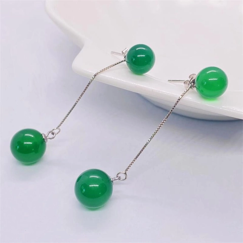 S925 Sterling Silver Green Agate Tassel Drop Earrings For Women Fashionable Long Chain Round Bead Multi-way Ear Jewelry