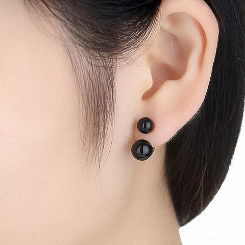 Orecchini a Bottone in Argento Sterling 925 con Onice Nera Doppia Faccia Minimalisti Geometrici a Sfera per Donna