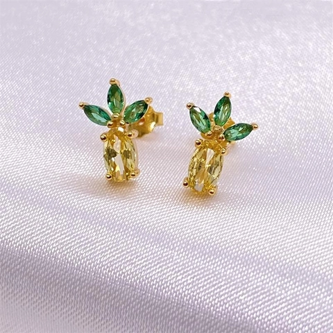 925 Sterling Silver Pineapple Stud Earrings For Women Cute Fruit Shape Rhinestone Inlaid Fashion Jewelry Tiny Ear Studs Gold Plated