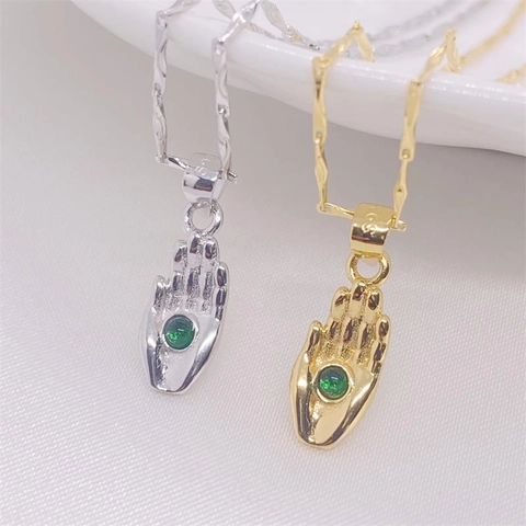 925 Sterling Silver Hamsa Hand Pendant Necklace Green Rhinestone Inlaid Palm Charm Jewelry Platinum Gold Plated For Women Gift
