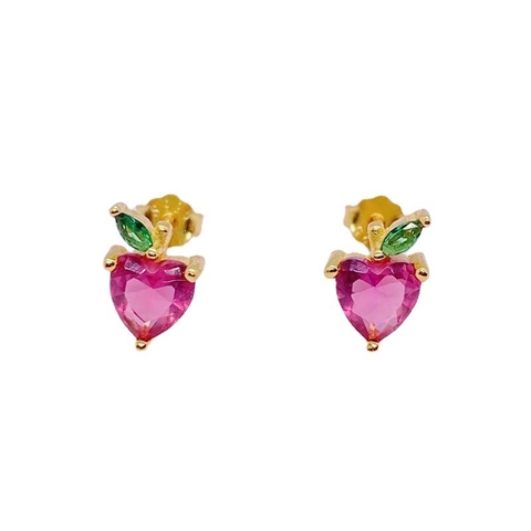925 Sterling Silver Apple Heart Zirconia Stud Earrings Gold Plated Sweet Fruit Jewelry For Women Girls Daily Gift