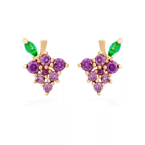 Orecchini a Bottone in Argento Sterling S925 a Forma di Uva Viola Verde Strass Design Frutta Placcato Oro Gioielli per Donna