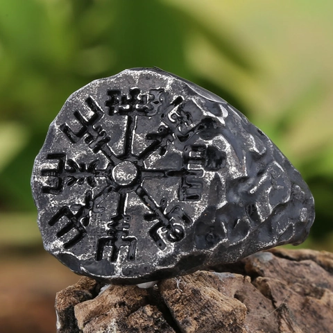 Anillo de Brújula Vikinga Vegvisir para Hombre Retro Acero Inoxidable 304 Sello de Runa Nórdico Odin Gótico Punk Martillado Joyería