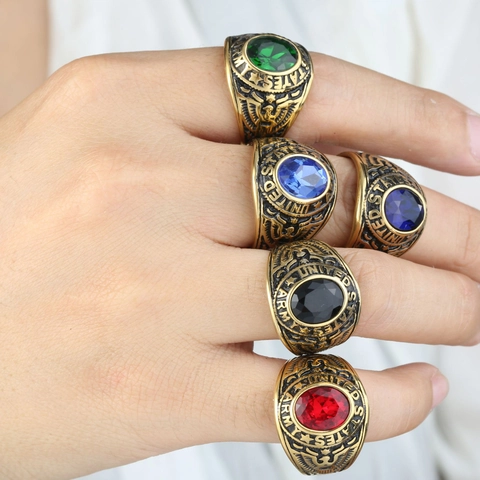 Anillo de Sello del Ejército de EE UU Eagle de Acero Inoxidable 304 Vintage Bañado en Oro Strass para Hombres Mujeres