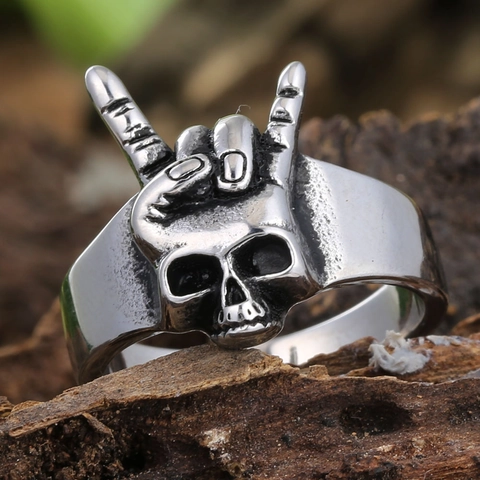 Anillo Retro Punk Calavera Gesto de Victoria para Hombre Mujer Gótico Acero Inoxidable 304 Joyería Biker Rock Anillo Dedo