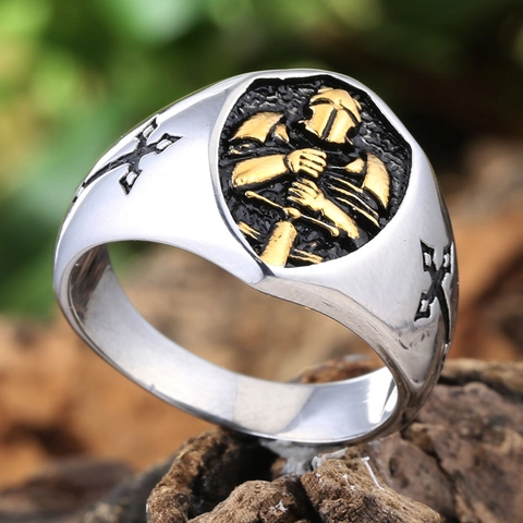 Vintage 304 Stainless Steel Crusader Knight Shield Signet Ring Men Gothic Cross Relief Two-Tone Gold Silver Punk Ring