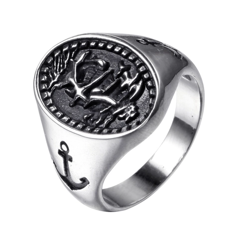 Anillo de Sello Náutico Vintage de Acero Inoxidable Ancla Velero Pulido Relieve Estilo Marino Joyería para Hombre