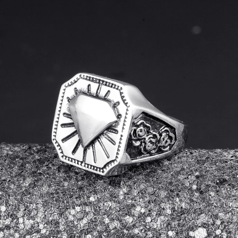 Anillo de Hombre Octogonal de Acero Inoxidable Vintage Flor de Rosa Relieve Geométrico Retro Punk Joyería Anillo para Hombre Mujer