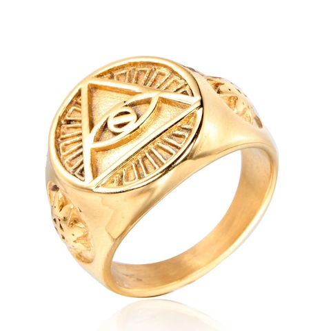 Bague Homme Vintage en Acier Inoxydable Œil de la Providence Gothique Mystique Triangle Chevalière Punk Bijoux de Doigt