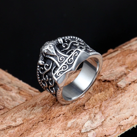 Anello Vichingo Vintage Martello di Thor Mjolnir per Uomo 316L Acciaio Inossidabile Totem Corvo Nodo Celtico Gioielli Gothic Punk Biker