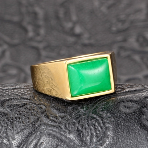 Stainless Steel Gold Signet Ring For Men Vintage Business Square Black Green Inlaid Rhinestone Fashion Jewelry Finger Ring
