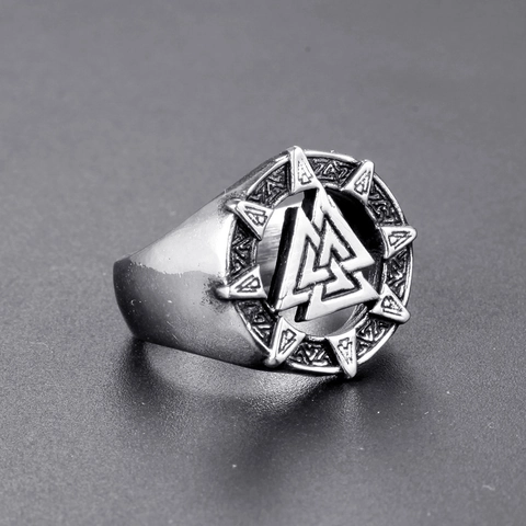 Anillo de Acero Inoxidable Estilo Vikingo Valknut con Runas para Hombre Mitología Nórdica Punk Biker Dominante Joyería de Dedo