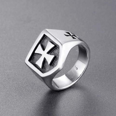 Anello a Sigillo in Acciaio Inossidabile Vintage Croce di Malta Scudo per Uomo Stile Cavaliere Medievale Gotico Argento Gioielli