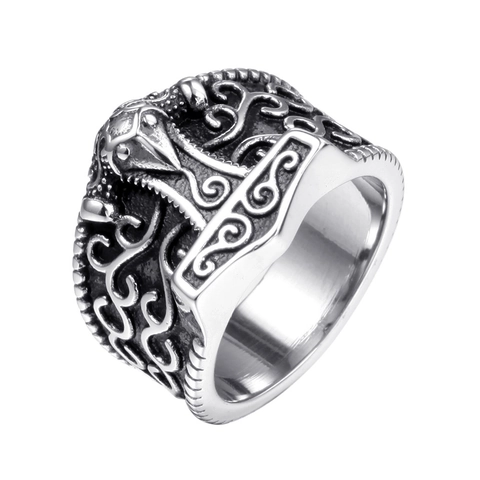 Anello Vichingo Vintage Martello di Thor Mjolnir per Uomo 316L Acciaio Inossidabile Totem Corvo Nodo Celtico Gioielli Gothic Punk Biker