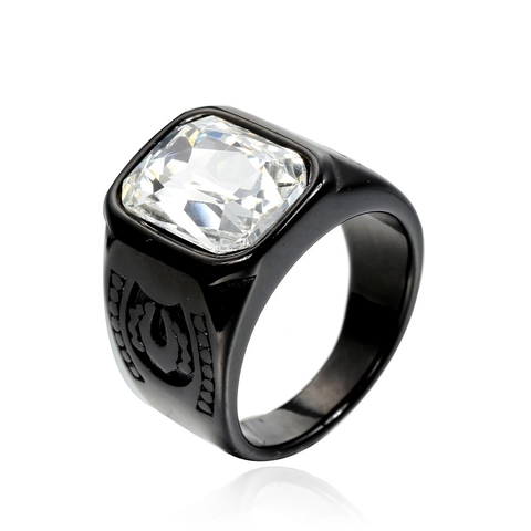Vintage Stainless Steel Men Ring Large Rectangular Rhinestone Horseshoe Engraved Punk Gothic Band Ring Jewelry Gift For Men