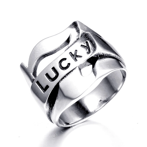 Anillo de Acero Inoxidable Con Letra Lucky y Onda Estilo Punk Vintage Gótico Banda Ancha para Hombre Mujer Joyería Moda