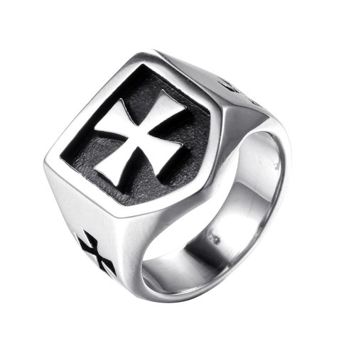 Anello a Sigillo in Acciaio Inossidabile Vintage Croce di Malta Scudo per Uomo Stile Cavaliere Medievale Gotico Argento Gioielli