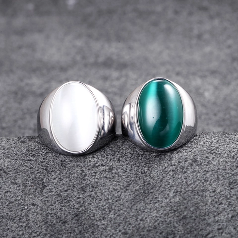 Anello Vintage in Acciaio Inossidabile per Uomo Donna Minimalista con Pietra Occhio di Gatto Artificiale Ovale Anello a Sigillo