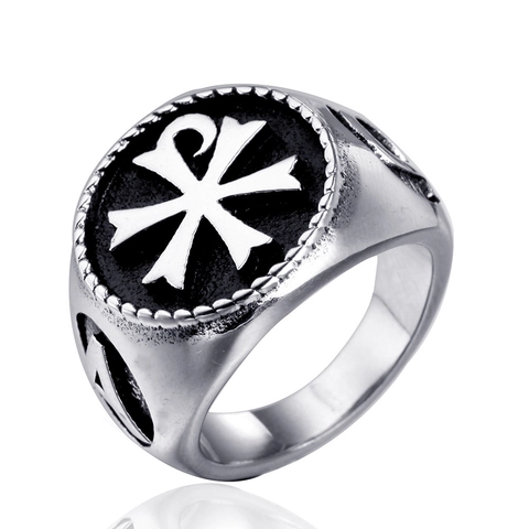 Anillo De Sello Vintage De Acero Inoxidable Para Hombre Símbolo Religioso Chi-Rho Alpha Omega Oro Plata Bicolor Gótico Punk Joyería Anillo
