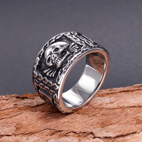 Anillo de Acero Inoxidable con Calavera y Cruz para Hombre Estilo Punk Gótico Vintage Biker Joyería de Dedo