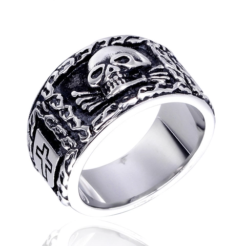 Anillo de Acero Inoxidable con Calavera y Cruz para Hombre Estilo Punk Gótico Vintage Biker Joyería de Dedo