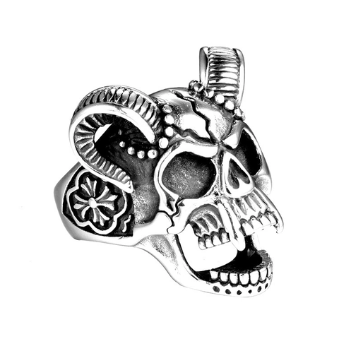 Anillo de Calavera de Cuerno de Carnero de Acero Inoxidable Vintage Hombre Punk Gótico Joyería Biker Retro Patrón de Cruz Anillo de Plata Oxidada